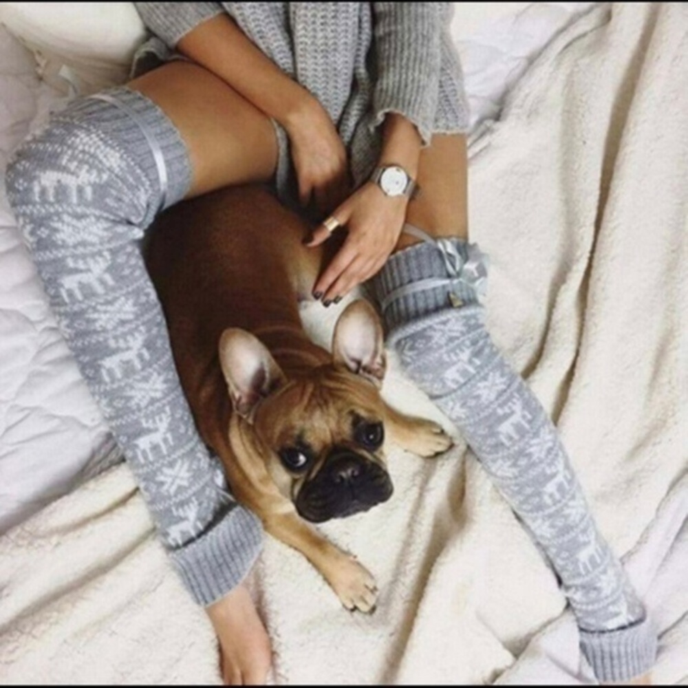 Gray Fair Isle Knit Over The Knee Leg Warmers Cozy Winter Lounge Socks NWT